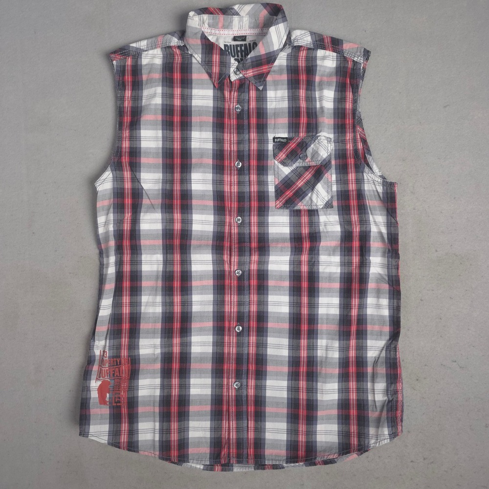 Buffalo David Bitton Mens Plaid Sleeveless Shirt Casual Button Down‎ Medium